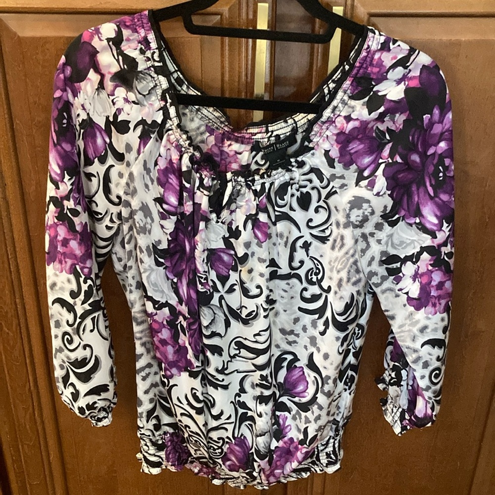 White House Black Market Ruched Purple and Black Blouse